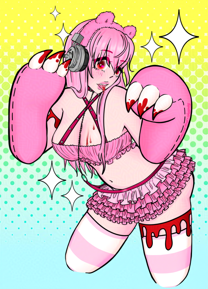 Sonico from the knee up. She's wearing a pink tube top and a pink ruffled mini skirt. She's wearing fuzzy pink bear ears and big paws with blood-soaked claws. She's sticking her tongue out, blood dripping from it. There's blood on her left boob.